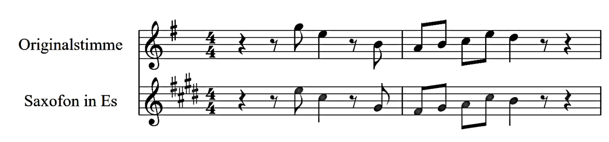 Notenbeispiel mit Originalstimme und Saxofon in Es.